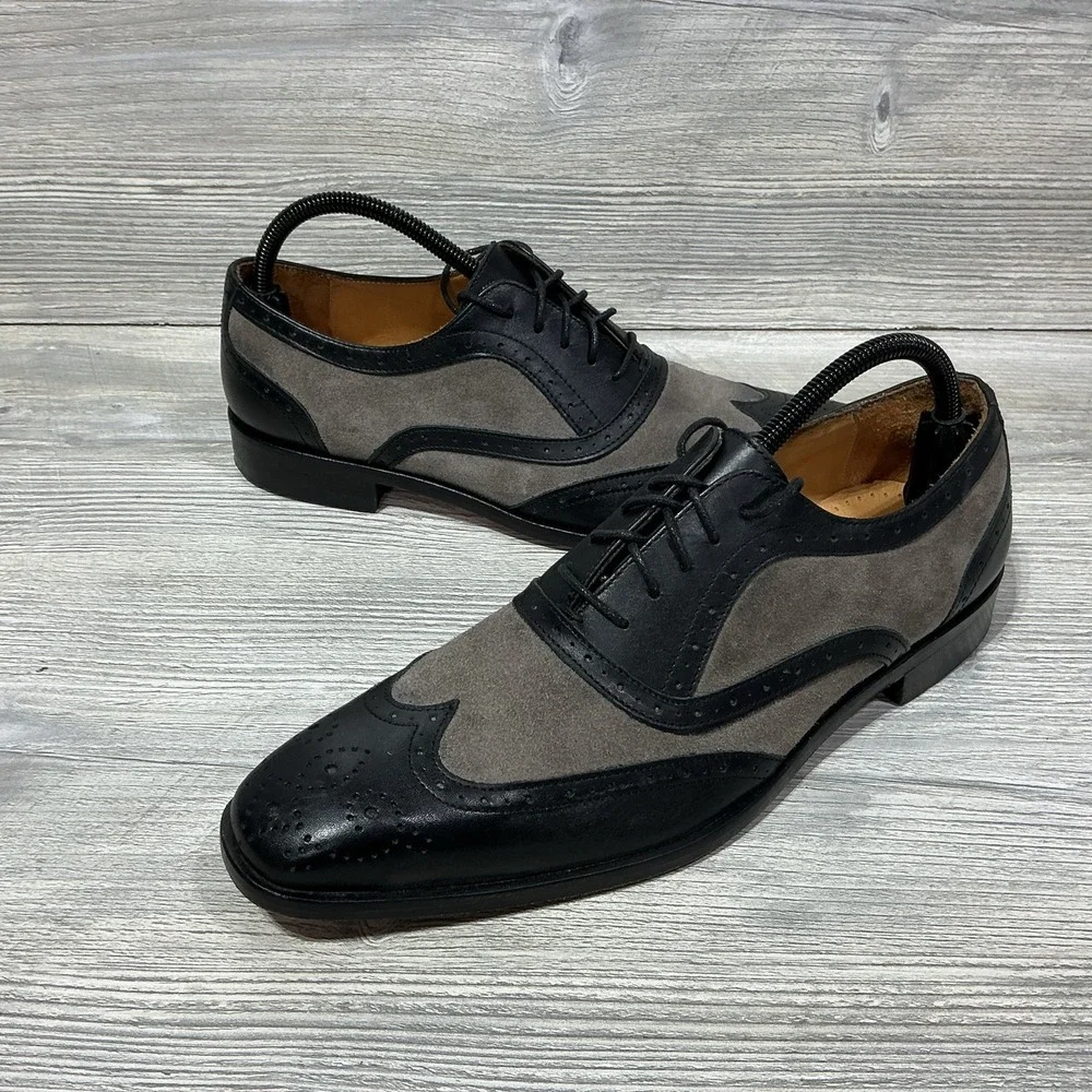 PAUL FREDERICK Italian Mens Black Gray Leather Oxford Shoes Size 8.5 M Italy